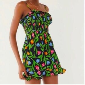 Urban Outfitters Smocked Floral Mini Dress Tulip Print Black 100% Viscose S